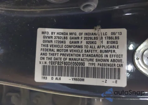 2013 Honda Civic Ex из США, поврежденный, VIN 19XFB2F80DE050990